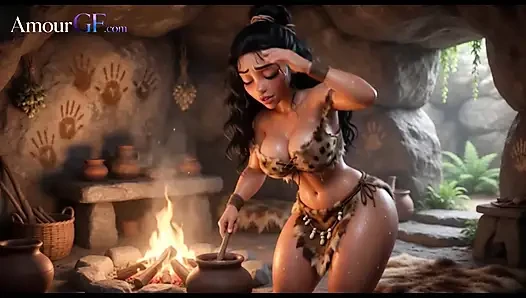 AI каменный век 3D жена обнаженная, круглая обнаженная для мужа дома