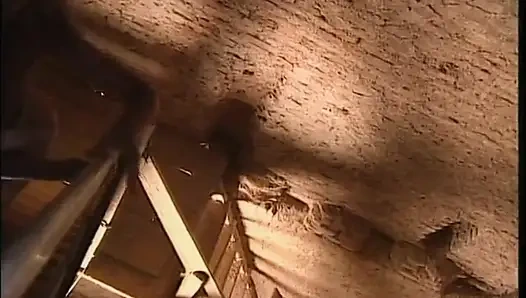 A blonde fingering her pussy in an ancient tower, finds a cock to fuck