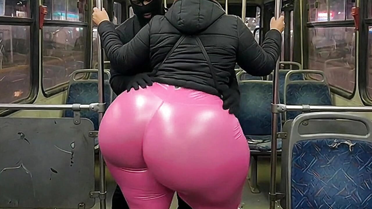 黒いパンツの大きな女の子がバスの中で押し付けられ、黒いTバックで終わる