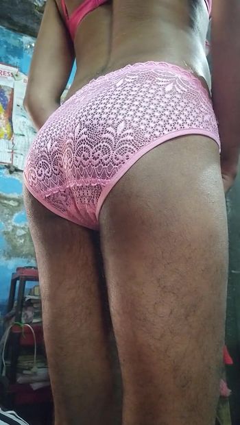 Horny Indian Teen Boy Wearing His Step Sister's Cute Pink Lace Panties and Bra