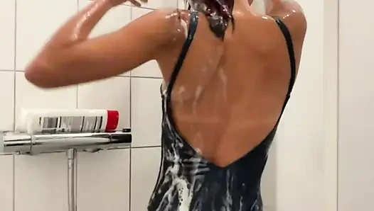 Clothed Shower in Swimsuit - Skinny Asian Wants You to Watch Her Petite Body in Soap Shower
