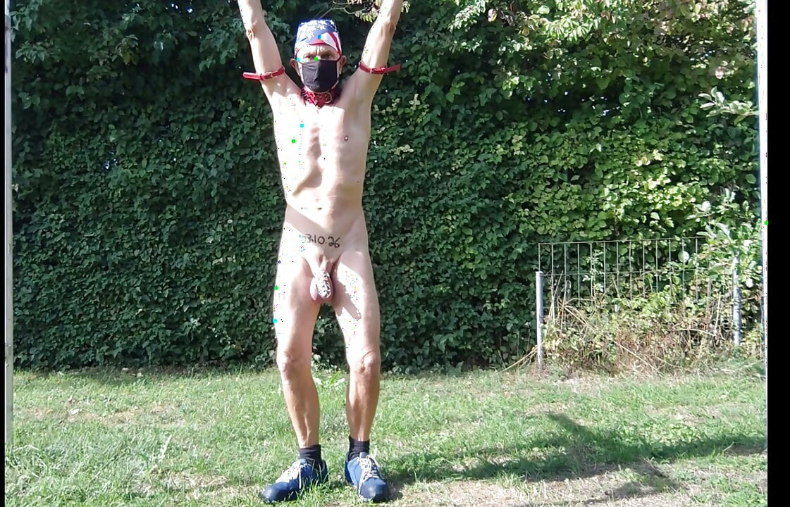 dirty gay slave pig outdoor in peniscage may play with dildo in ass