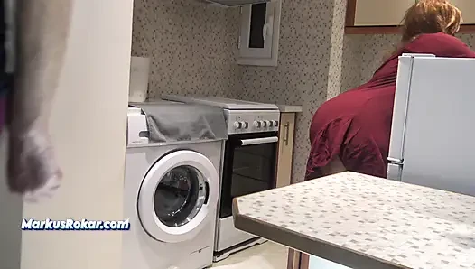 Stepmom in Kitchen Said No Sex! - Allows Stepson Only Jerking off & Cumshot on Her Fat Ass