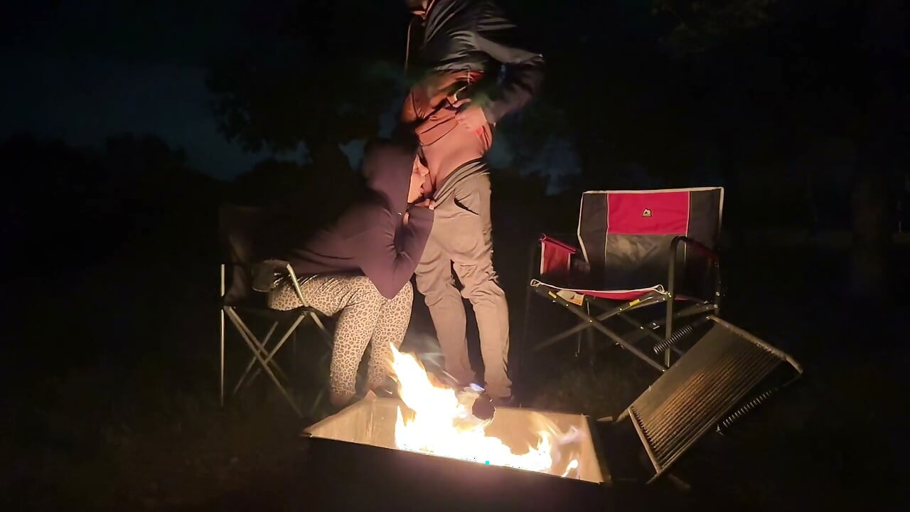 Wife caught masturbating in public restroom, then fucked by the campfire