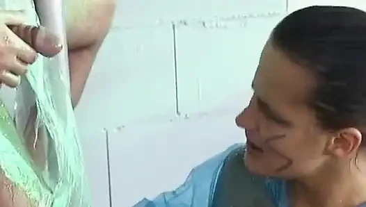 German Couple in Rain Jackets Having so Much Fun in Pee Session