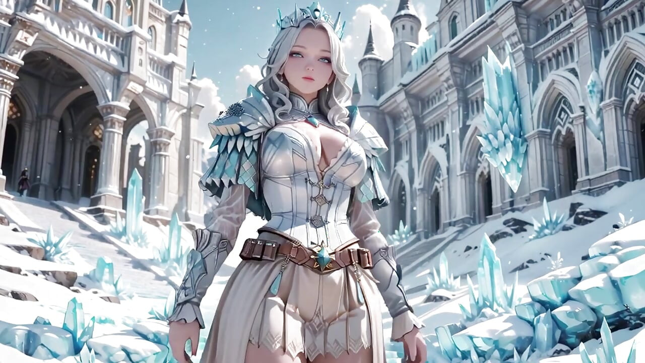 Silver-Haired Ice Queen! Kneeling in the Frozen Castle, her cold armor hides so many secrets. Hand on chest, biting lips...