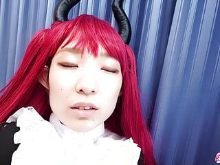 Redhead Asian babe Ouka Yamashita sucks and fucks with a rubber cock.