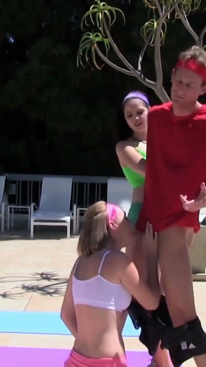 Big ass besties bang with their fitness instructor outdoors | Clip 1