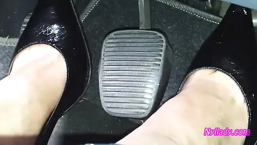 Driving and Revving in Black Pumps on Bare Foot