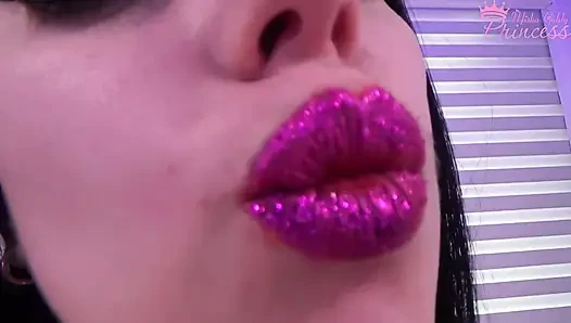 Glittery purple lipstick tease