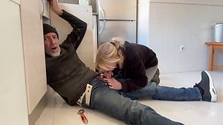 Hot Wife Blowjob to the Plumber in My Kitchen