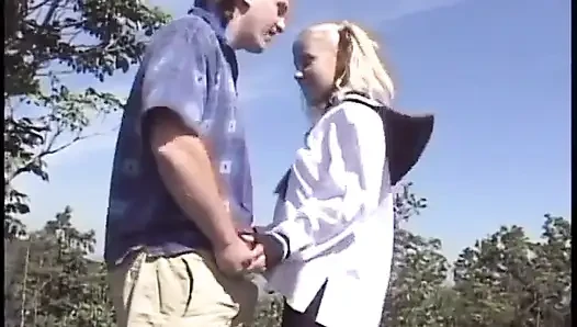 Blonde in sailor uniform fucks with guy outdoors
