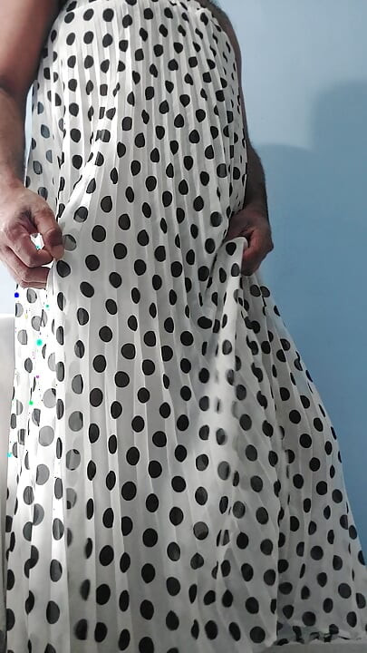 I'm masterbating wearing a Silk Seethrough chiffon black and white polka dots pleated Skirt
