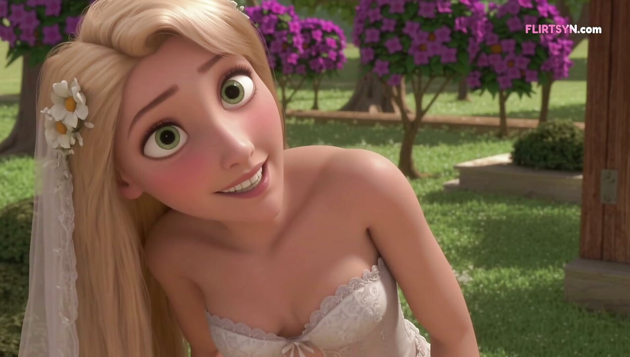 Rapunzel med langt hår spredt ud over sengen, mens fotografen placerede sit kamera. Så skubbede han sin hårde pik ind i hendes våde fisse