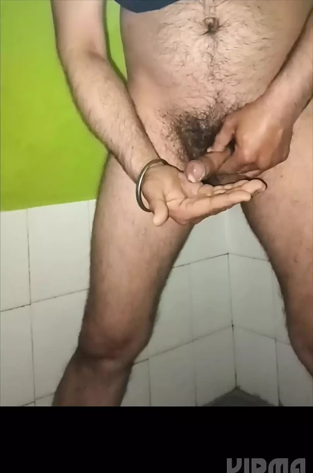 Indian middle age man use toilet brush and masterbate
