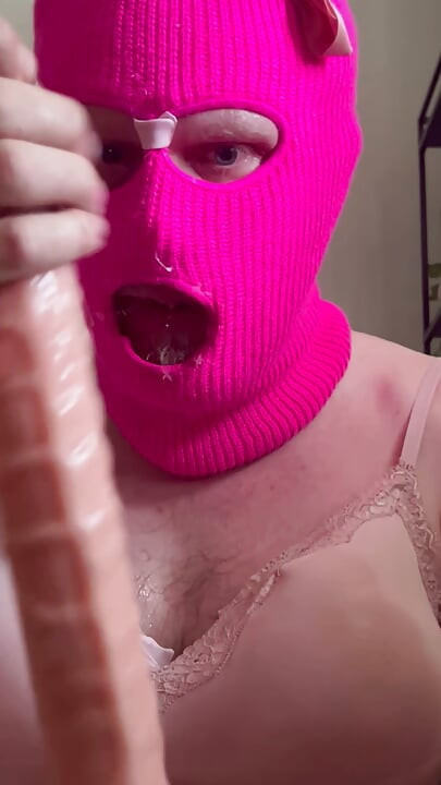 FIRST VIDEO - Crossdresser deepthroats double dildo she gags and drools a lot