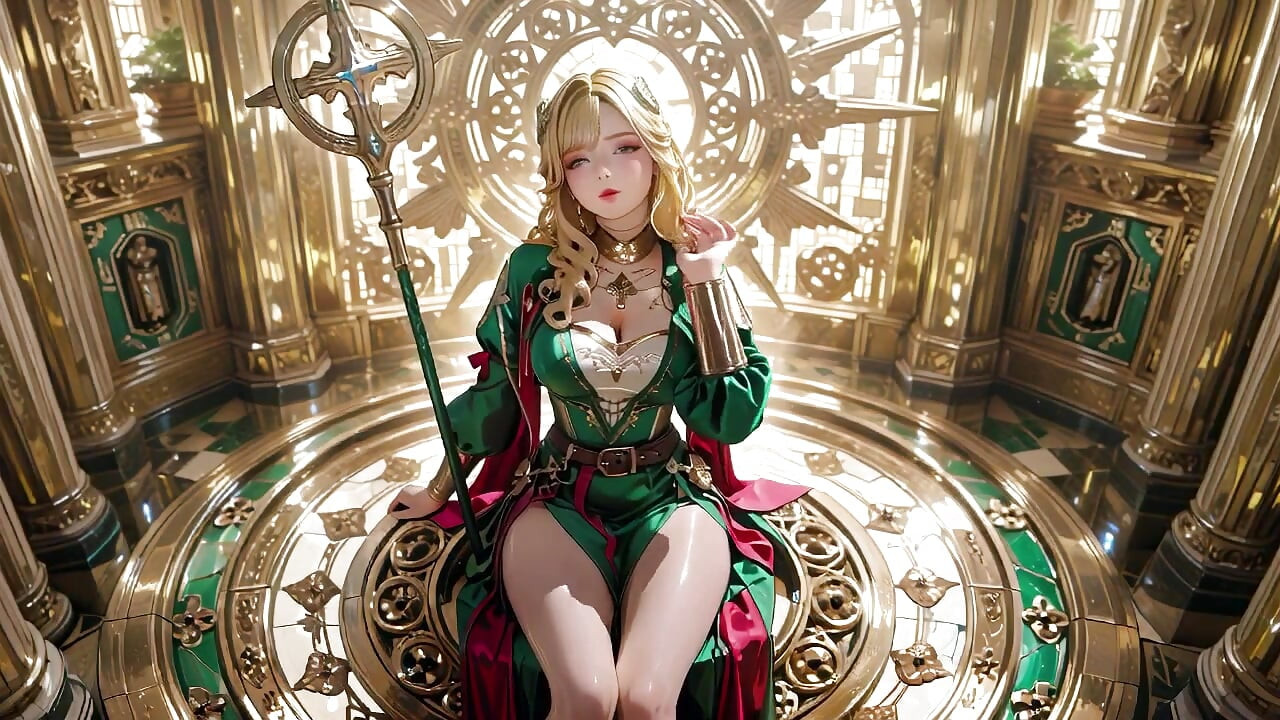 Blonde Engelkönigin! Heilige kniet in einer prächtigen Kathedrale, der grüne Umhang verbirgt kaum ihre weichen Kurven. Sie blickt schüchtern zurück.
