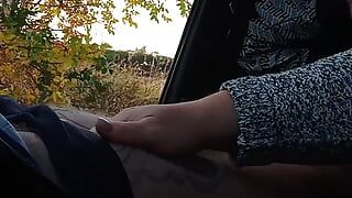 my wife jerks off my dick in the car in nature close up