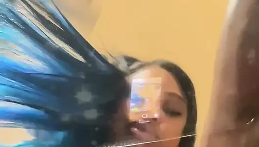 Busty Ebony Girl Rubbing Oiled Tits on a Clear Chair & Riding Her Dildo