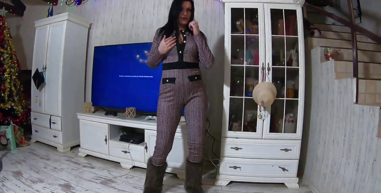 Tight Jumpsuit, Furry Boots & Messy Deepthroat with a Cum-licking Finish