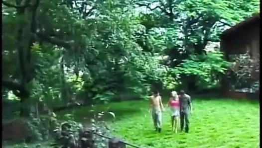 Curious blonde girl enjoy fucking piggy-back with two bisexual studs on the porch