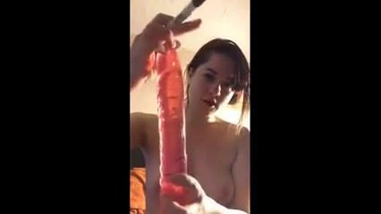 Amateur deepthroats long dildo