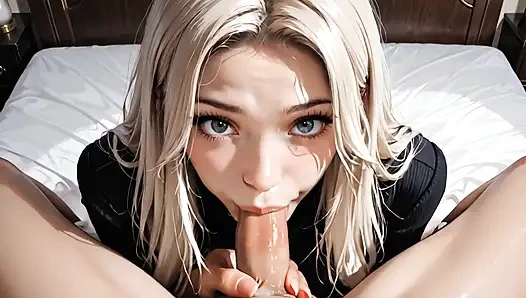 Blonde Colombian Blue Eyes Kneeling Sucking Thick Cock Of Her Boyfriend With Desire, Blowjob Deep Full Throat, Saliva Cumming