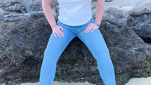 Peeing in Tight Jeans on the Beach