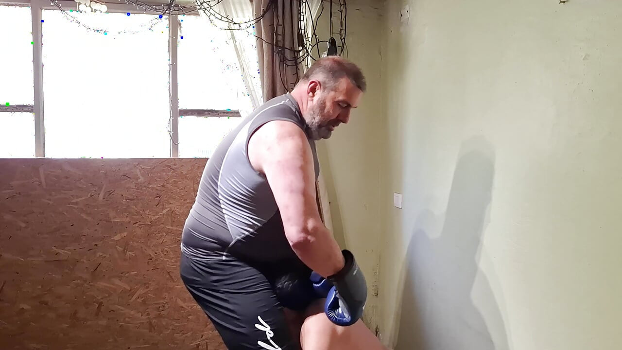 Silver Daddy Boxer Testing His Strength on the Jobber
