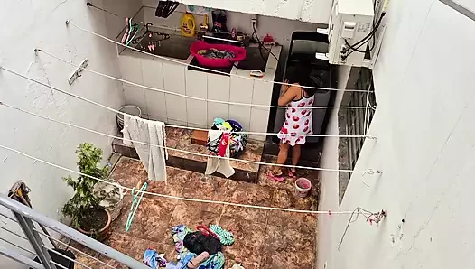 Interactive porn video – The neighbor is watched washing clothes by her neighbor