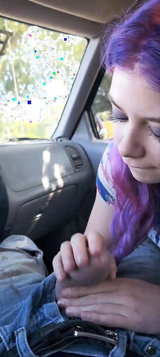 Sexy purple haired alt girl gives amazing oral sex in the car