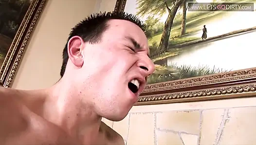 Dwarf sucks a hard cock then gets a hard fuck on the bed