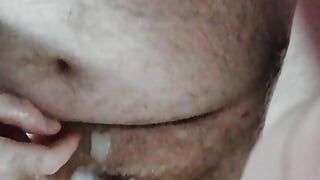 UKHairyBear - Daddy bear unloads onto his hairy belly and eats his cum.