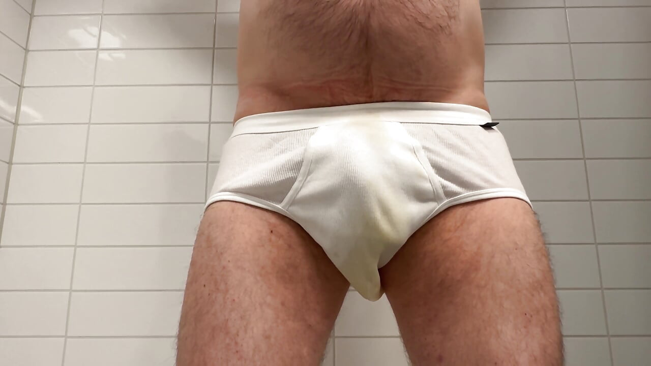 Dad Pissing His New White Briefs