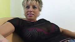Old German chick with huge natural tits playing with her sex toy