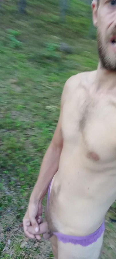 Walking in the woods on a public path only in women's panties :-) I was caught and caught several times I didn't expect so many strangers there