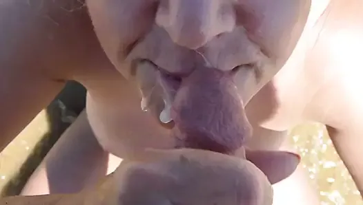 Blowjob cum in mouth, drip on tits