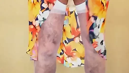 Cumming in white stockings and summer dress
