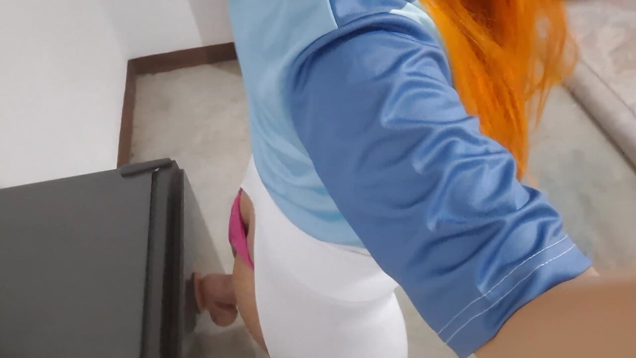 Cute Trans Gwen Tennyson in Thong getting Anal Fucked through her Torn Leggings by Big Dildo