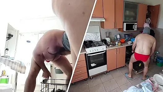 Crazy amateur couple having fun in the kitchen