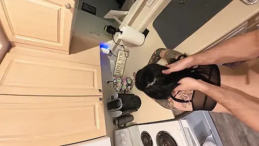 Step Sis Roomate Goth Girl Creampied on the Kitchen While My Wife in Another Room