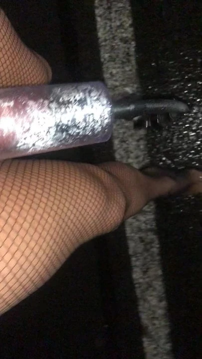 In the Rain with clear High Heels &amp; Fishnet Stockings