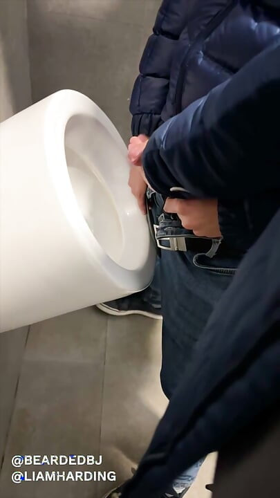 hot daddy with big cock gets sucked in public bathroom by sexy bear