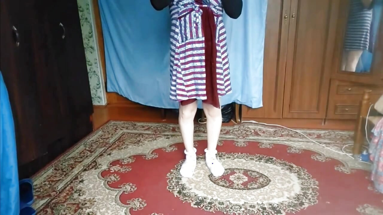 Adorable sissy stretching arms after sweet afternoon nap