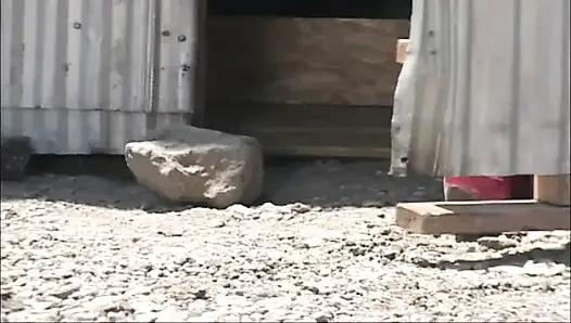 Redhead babe double penetrated in a lake