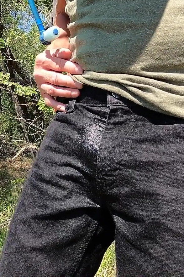 Wetting New Black Jeans in Public