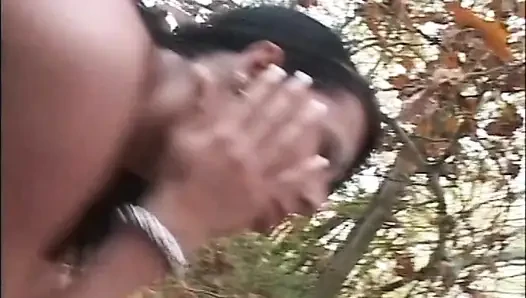 Young Black Woman with Nice Tits Fucked in the Woods by a Big Cock and Cumshot in Mouth