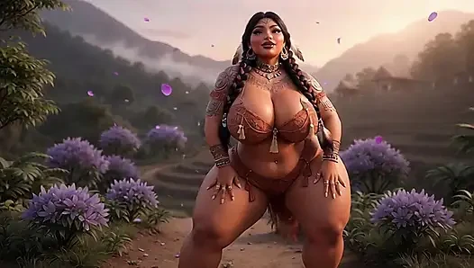 Tombul yerli kabile iri güzel kadın sunset köyünde soyunuyor ve büyük göğüslerini gösteriyor