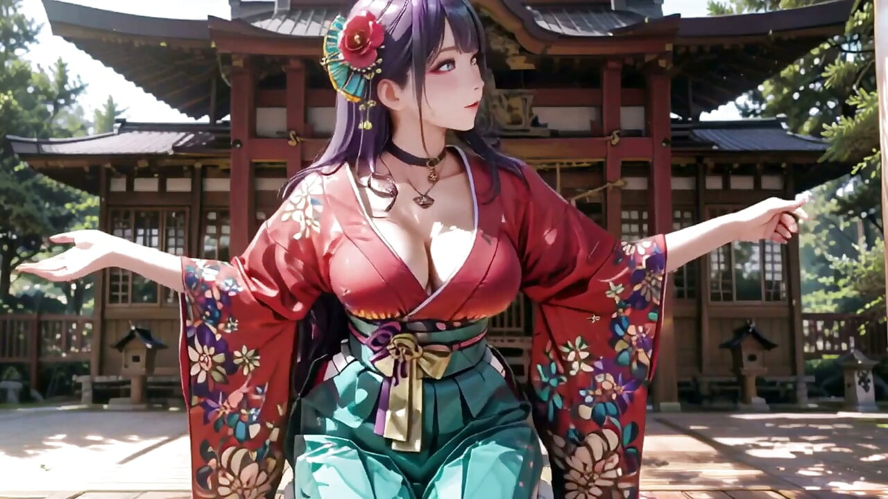 Mor saçlı kimono kızın özel sabahı! Kırmızı ve yeşil çatışma çılgın.