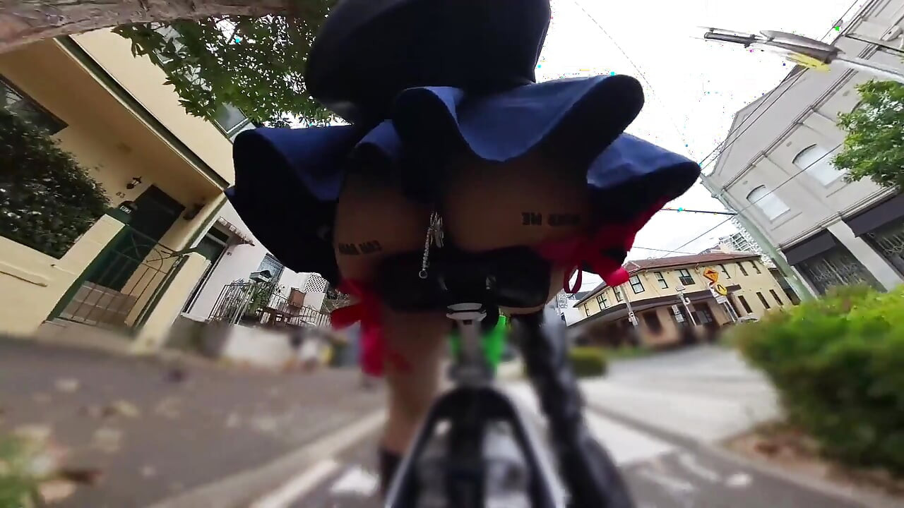 Exhibitionist Walking and Riding with Butt Plug, Red Garters and Dildo